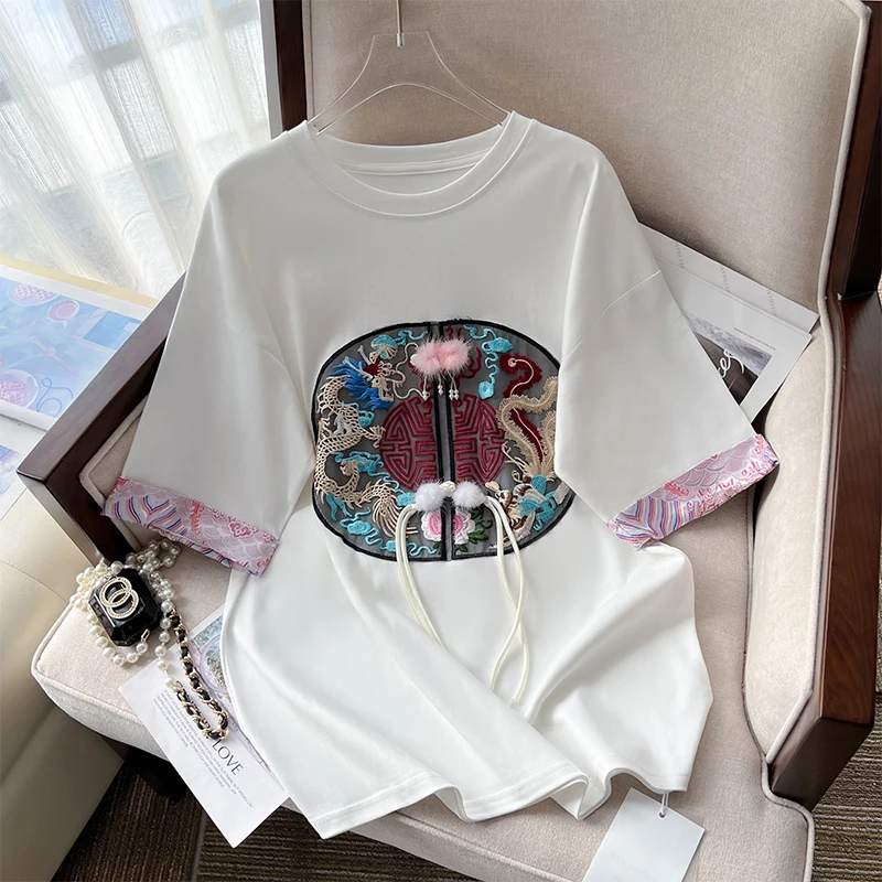 

ZJYT Summer T Shirts for Woman Short Sleeve Retro Embroidery Cotton Tee Shirt O Neck Loose TShirt Chinese Style Tops Streetwear