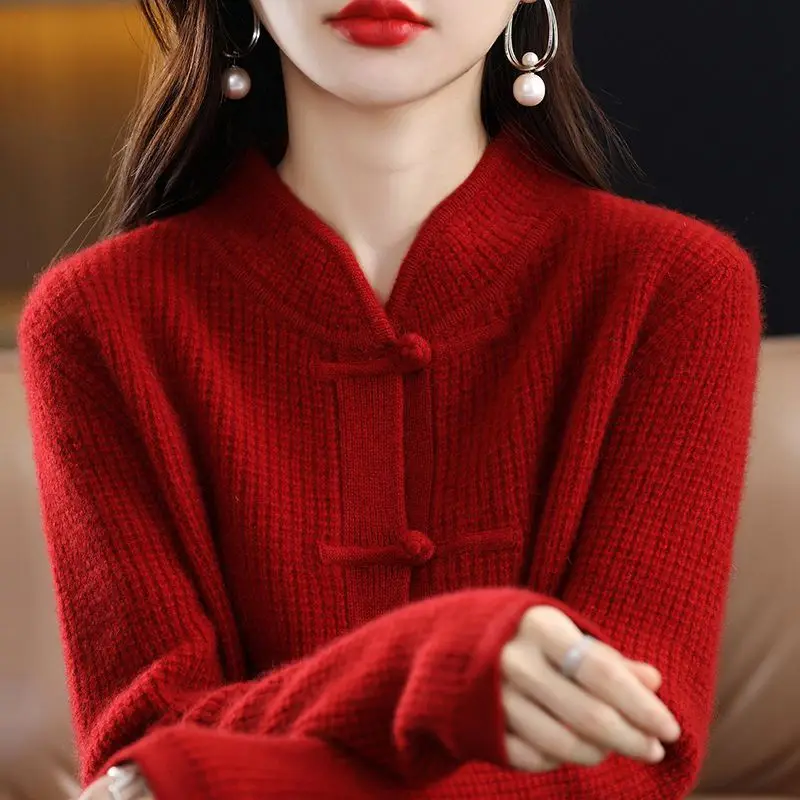 autumn winter chinese retro style cheongsam button stand collar long sleeve knit sweater blouse chinese tang suit top s619
