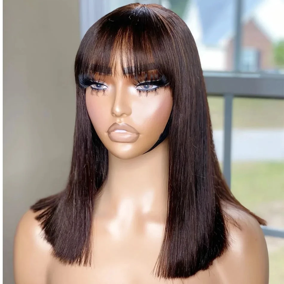 

Dark Brown 26 Inch Long Silky Straight With Bangs Synthetic Lace Front Wig For Black Women Glueless Heat Resistant Fiber Daily