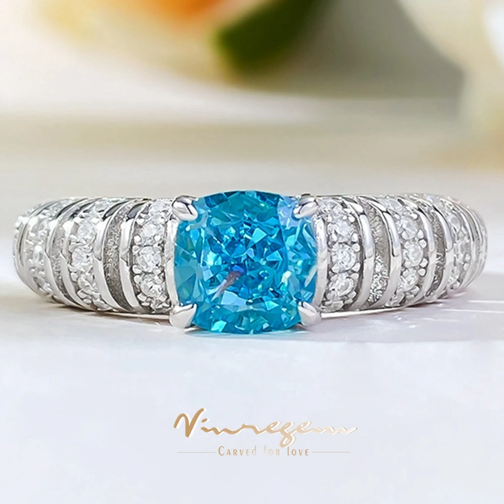 

Vinregem 6*6 MM Crushed Ice Cut Lab Created Paraiba Tourmaline Gemstone Ring For Women 925 Sterling Silver Wedding Party Jewelry