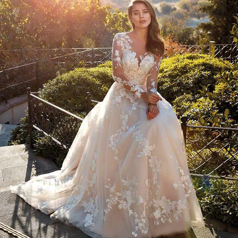 a line wedding dresses with train May Queen RQ8168 - Long A-Line Dress - Balloon Sheer Long Sleeves, Sheer Corset Bodice, Horsehair Hem, Train 8 / Ivory/Nude main image 1
