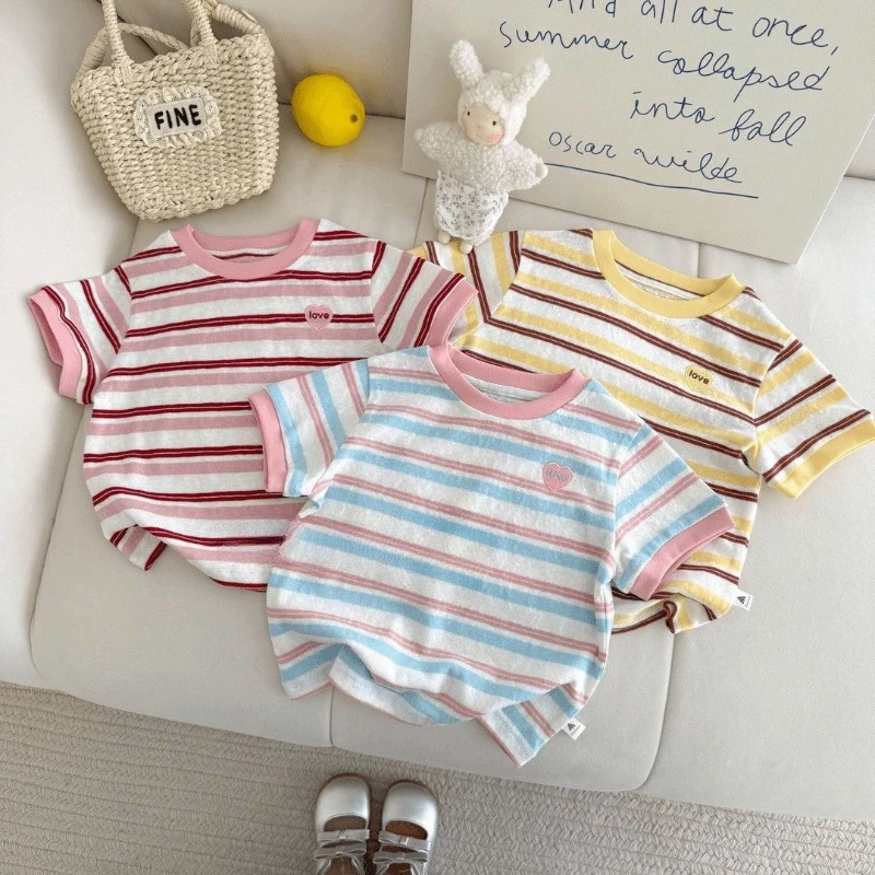 Girls Clothes Summer New Top 1-5 Years Children Pink Striped Round Neck T-shirt Fashion Casual Short Sleeve Color Blocked