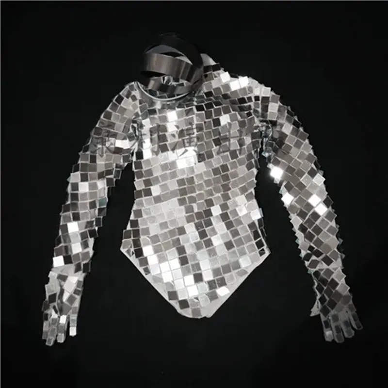 Shining Mirror Bodysuit+Gloves+Headdress Machine Dance Costume Silver Sequins Jumpsuit Lady DJ Singer Jazz Space Dance Costume