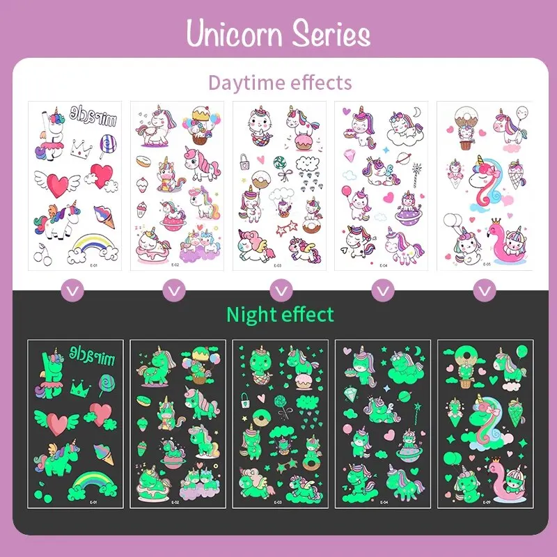 Carton Lumious Tatoo Kids Play Temporary Tatoo Sticker for Childrens Body Art Mermaid Sticker Glow Paste on Face Arm tattoo sticker 15 Sheets