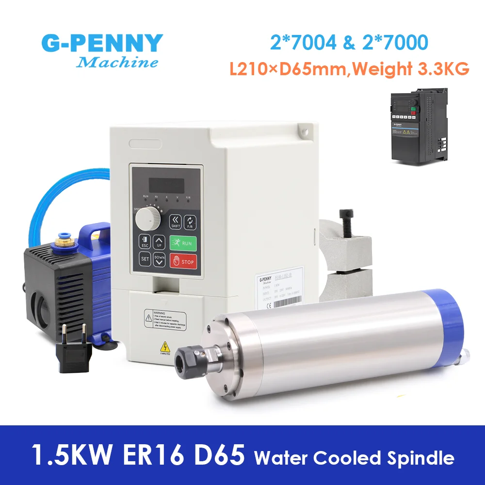 G-Penny CNC 1,5 kW ER16 65 mm, 4 Stück, Kugellager, 24.000 U/min, wassergekühlter Spindel-Kit, inklusive Frequenzumrichter, Pumpe und Halterung für Holz- und Aluminiumfräsen.