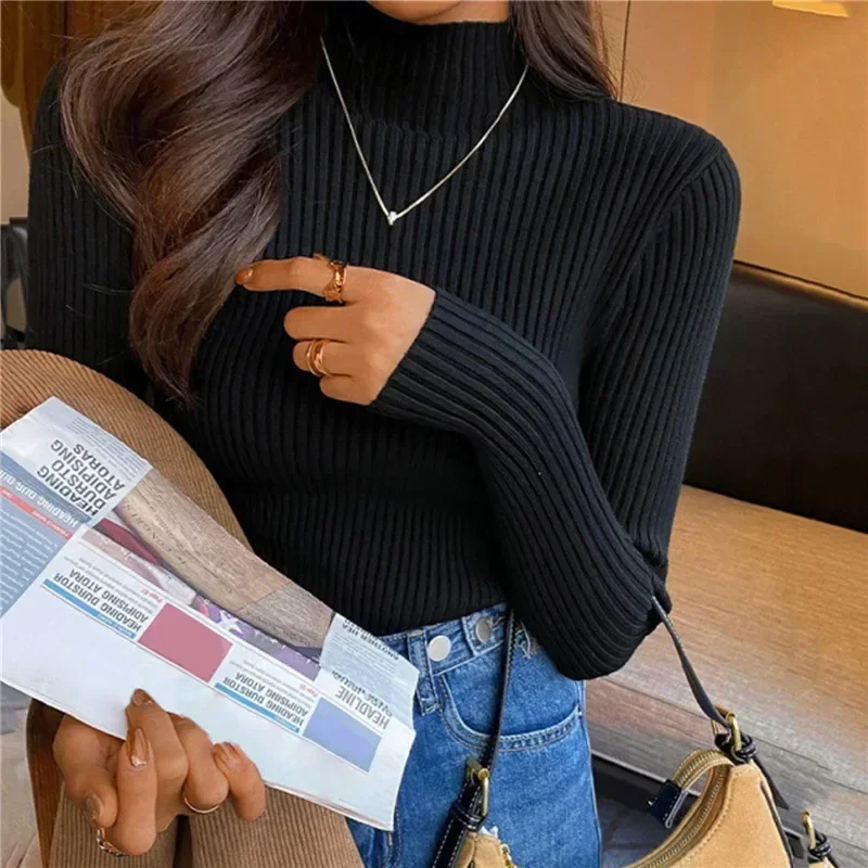 

2024 Turtleneck Solid Color Long Sleeve Sweater Jersey Mujer Autumn Slim Bottomed Shirt Knitted Pullover Jumpers Women Clothing