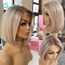 Straight Short Bob Wig Human Hair Full Lace Wigs for Women Platinum Blonde HD Ash Brown Root Virgin Hair Lace Frontal Wig Qearl