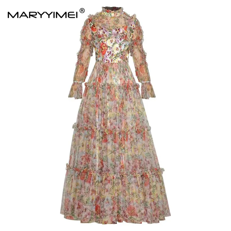 

Модное дизайнерское летнее платье MARYYIMEI, женское платье с воротником-стойкой и длинным рукавом, сетчатые платья с вышивкой и принтом