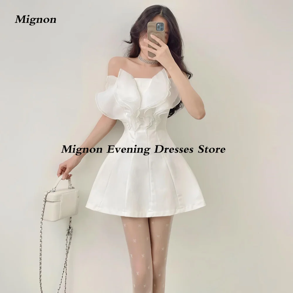 

Mignon A-Line Satin Strapless Short Prom Gown Ruffle Evening Lace Formal Backless Elegant Party Dress for Women 2023