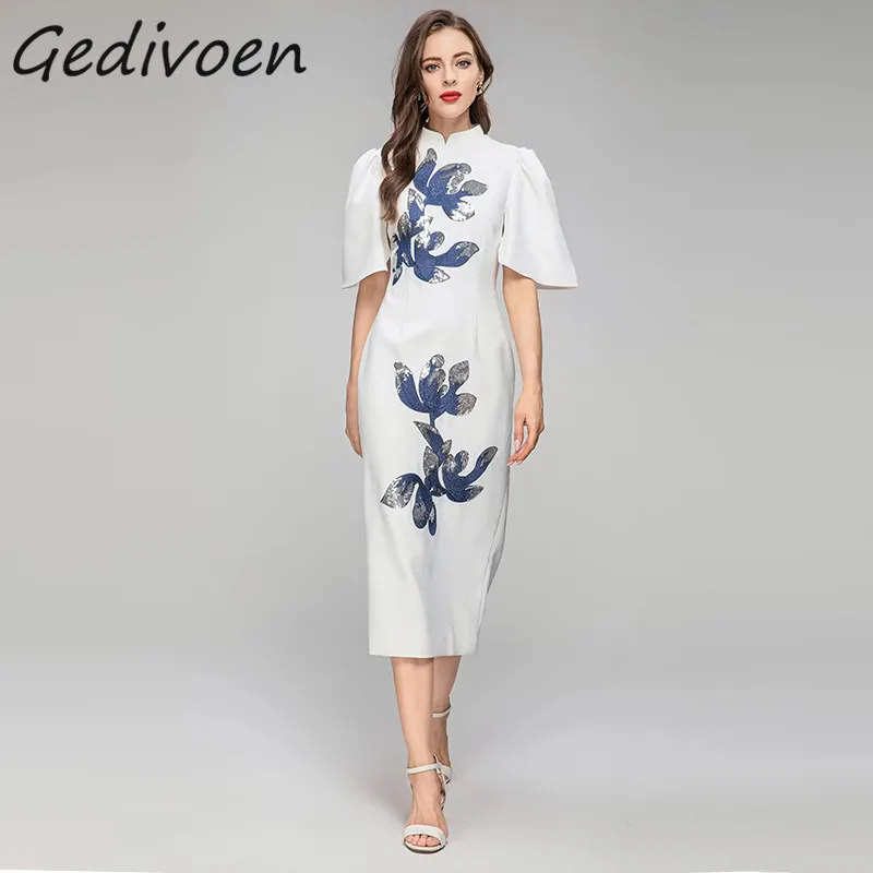 

Gedivoen Summer Fashion Runway Vintage Package Buttock Dress Women's Stand Collar Embroidery Sequins High Waist Slit Midi Dress