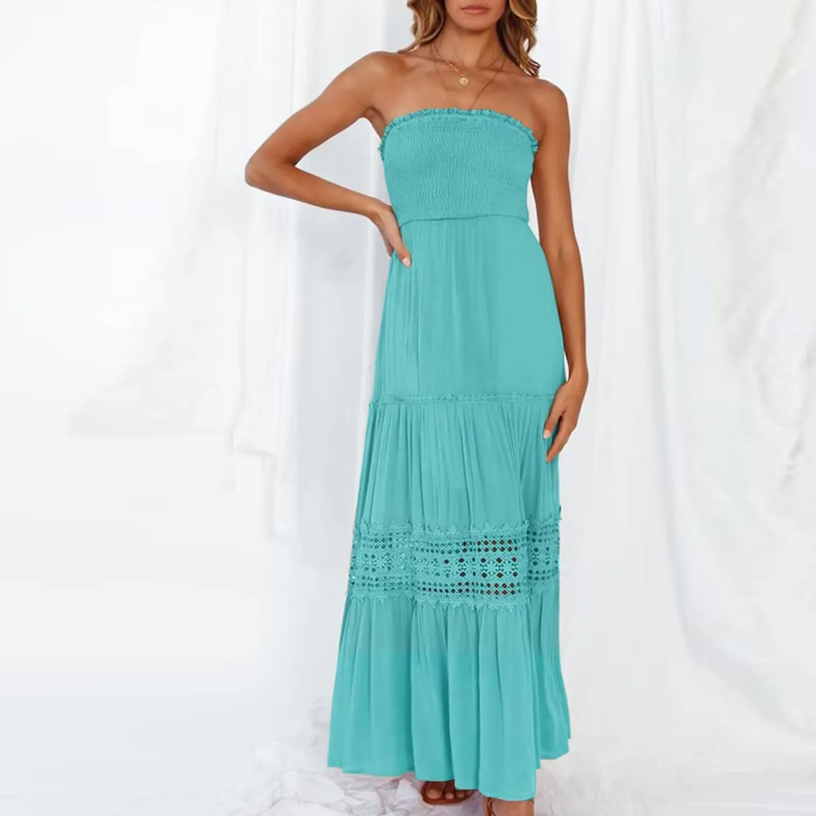 

Solid Color Tube Top Long Loose Women Sexy Strapless Backless Dresses Female 2023 Summer Hollow Out Lace Patchwork Beach Dress