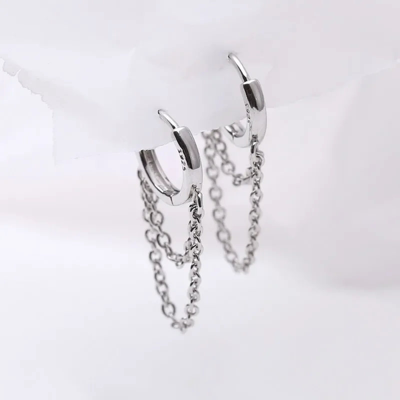 Silver Hoop Earrings 925 Sterling Double Layer Tassel for Women INS Popular Cold Style Fashion Jewelry