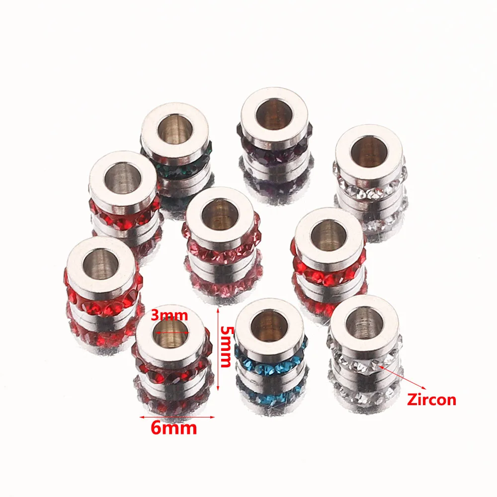 10pcs 6mm 구멍 3mm 지르콘 팔찌 비즈 스테인레스 스틸 매력 느슨한 스페이서 구슬 DIY 팔찌 쥬얼리 액세서리 만들기