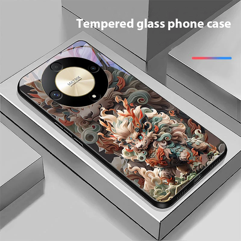 Chinese Style Lion Design Tempered Glass Phone Case