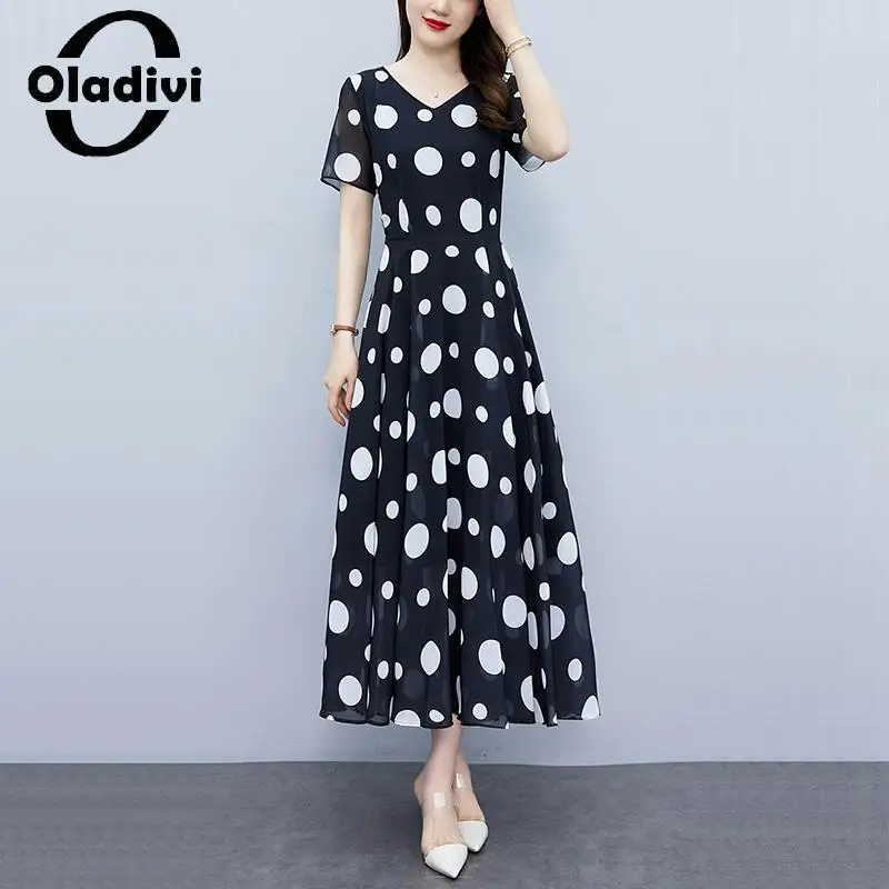 

Oladivi Large Size Women Casual Loose Fashion Polk Dot Printed A-Line Dress 2023 Summer Oversized Dresses Female Tunic Robe 8648