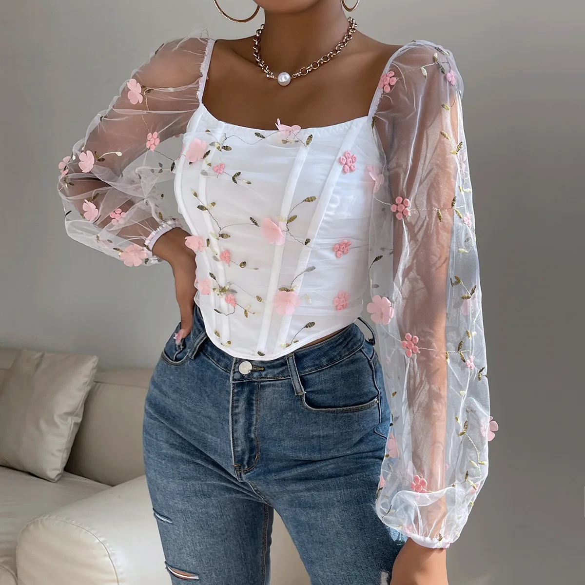 

Summer French White Gauze Cropped Tops Women Clothes Floral Backless Long Sleeve Corset Sexy Bone Bustier Tank Top Slim Camisole