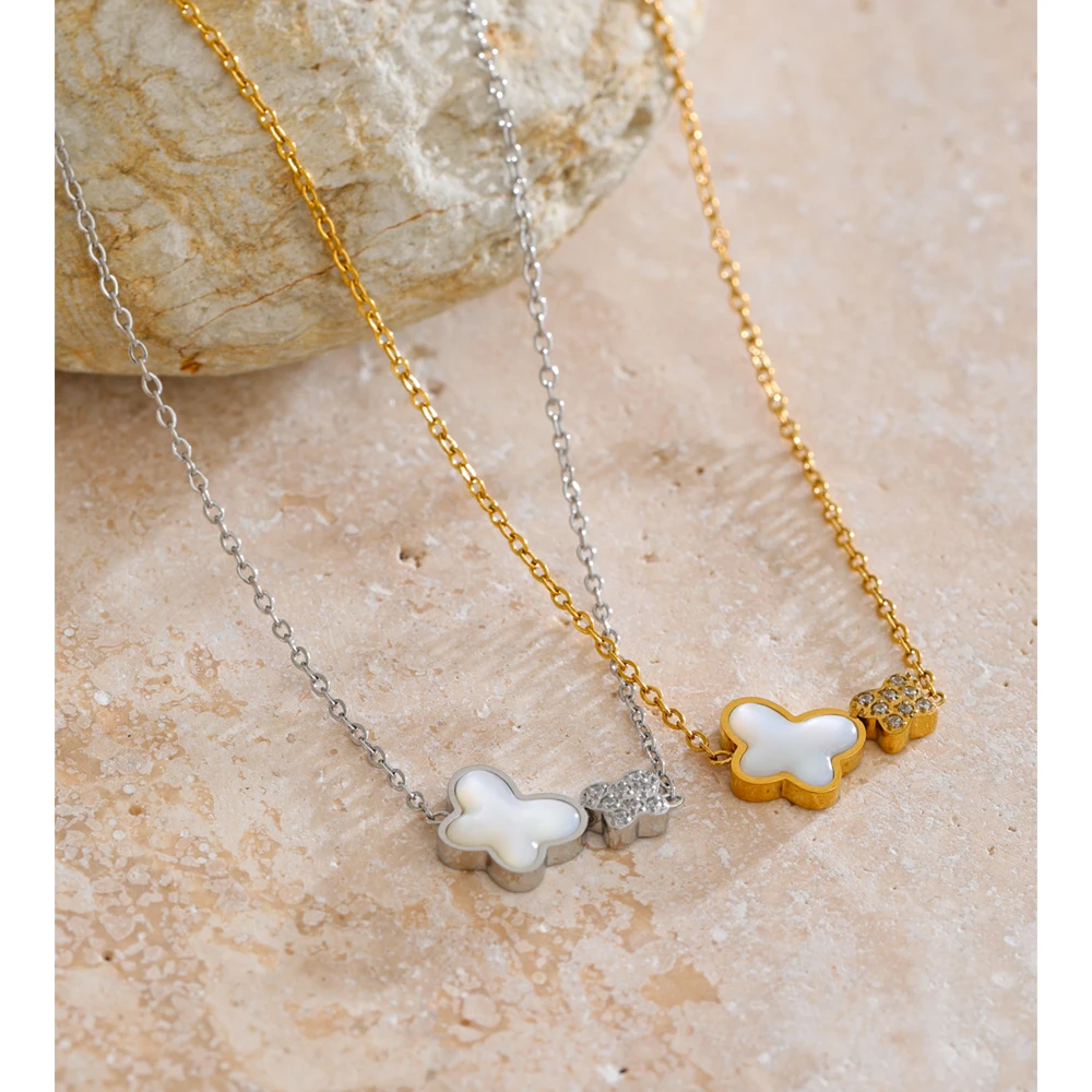 Yhpup Korean Style CNC Zircon Shell Butterfly Pendant Necklace for Women