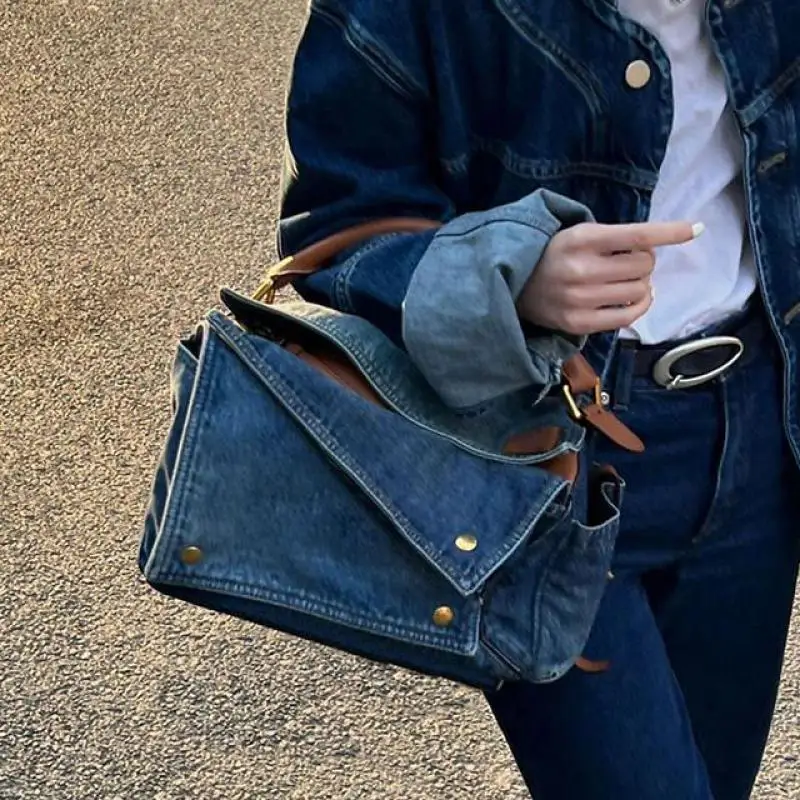 

American Vintage Fashion New Denim Canvas Spliced Handbag Horizontal Square Large Capacity Rivet Pillow Type Shoulder Women Bag