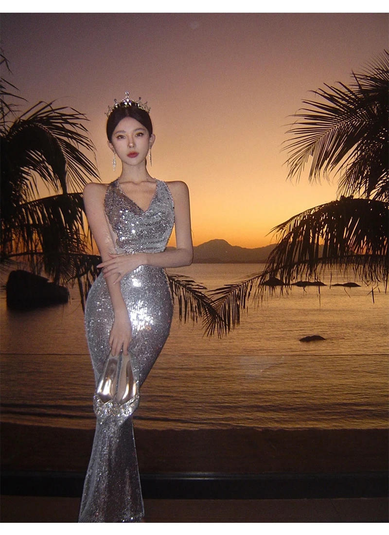 Sexy Bodycon Sequined Prom Robe V-neck Backless Sleeveless Evening Party Dress Wedding Slim Mermaid Long Dresses for Women New