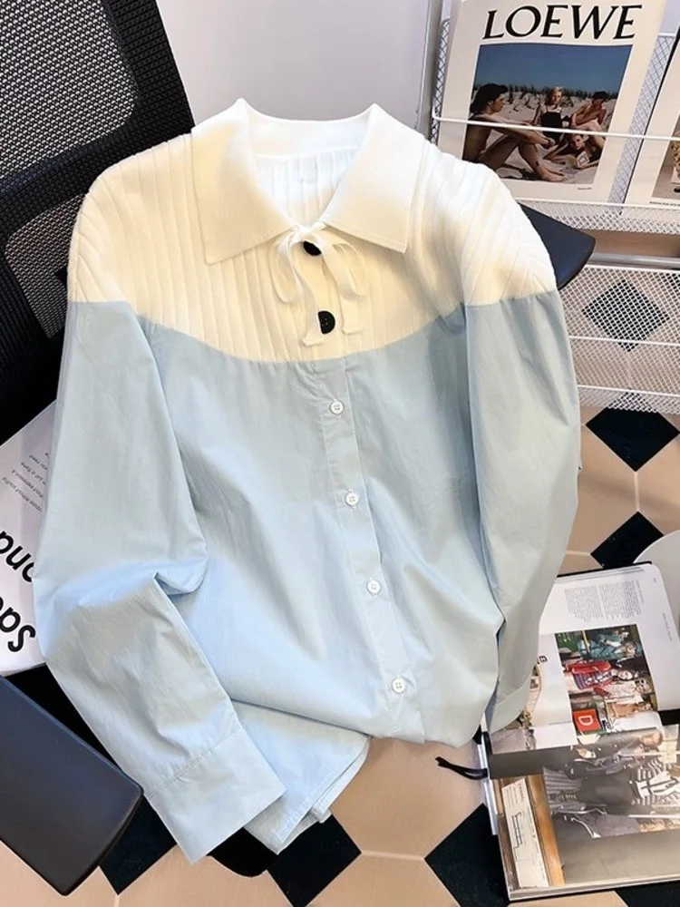 

Women Contrast Color Shirt Sweater Splicing Bows Lace-up Blouses Top 2023 Spring Autumn New Korean Casual Blusas Tops M481