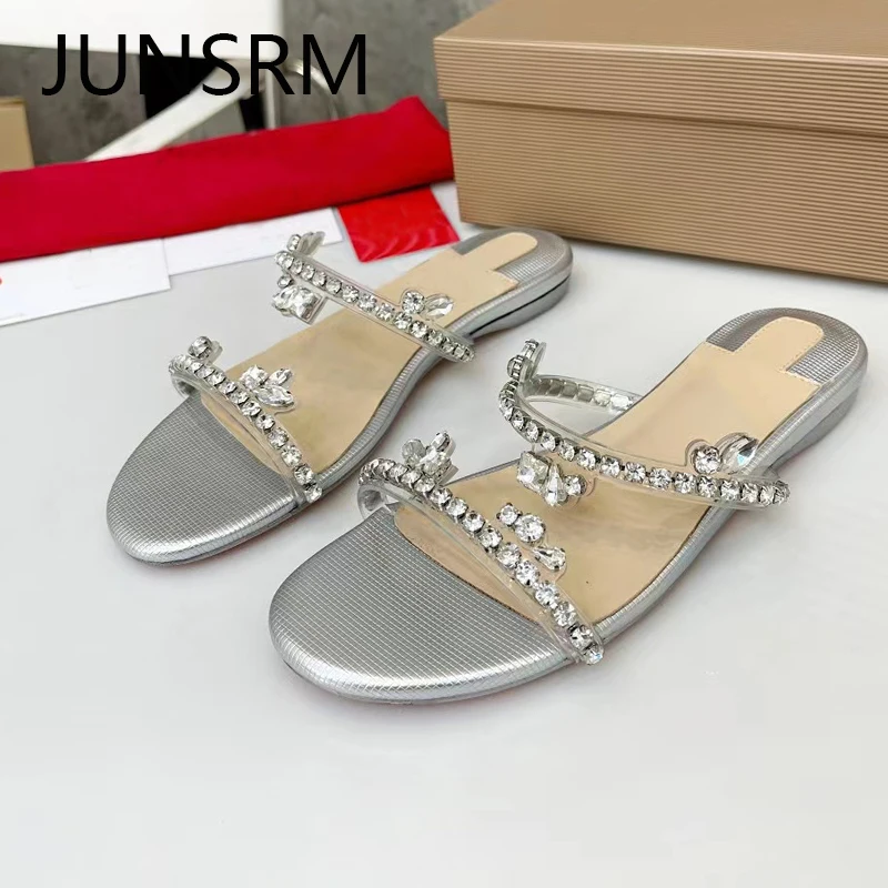 

Flat Sandals Women 2023 New Rhinestone Fashion All-match Open Toe Beach Slippers Bowknot Design Outer Wear Luxury Brand Shoes