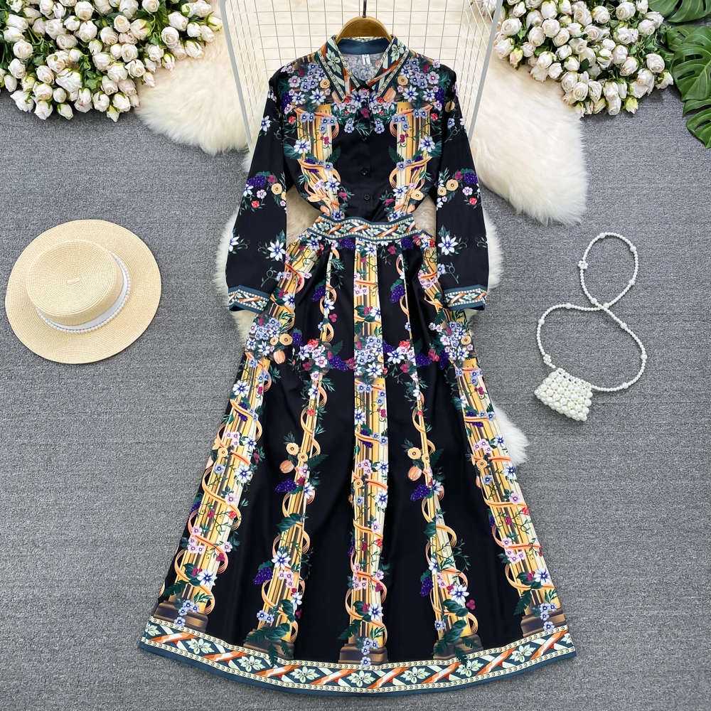 

Spring and Autumn Vintage Temperament Shirt Long-sleeved Lapel Retraction Waist Slimming Printed Large Swing Dress