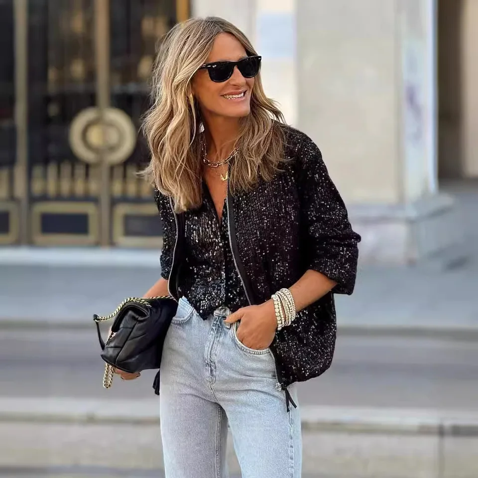 Cardigan da donna con paillette, giacca glitterata, giacca a maniche lunghe, davanti aperto, feste, cardigan, outwear metallizzato, da donna, con glitter, a, S