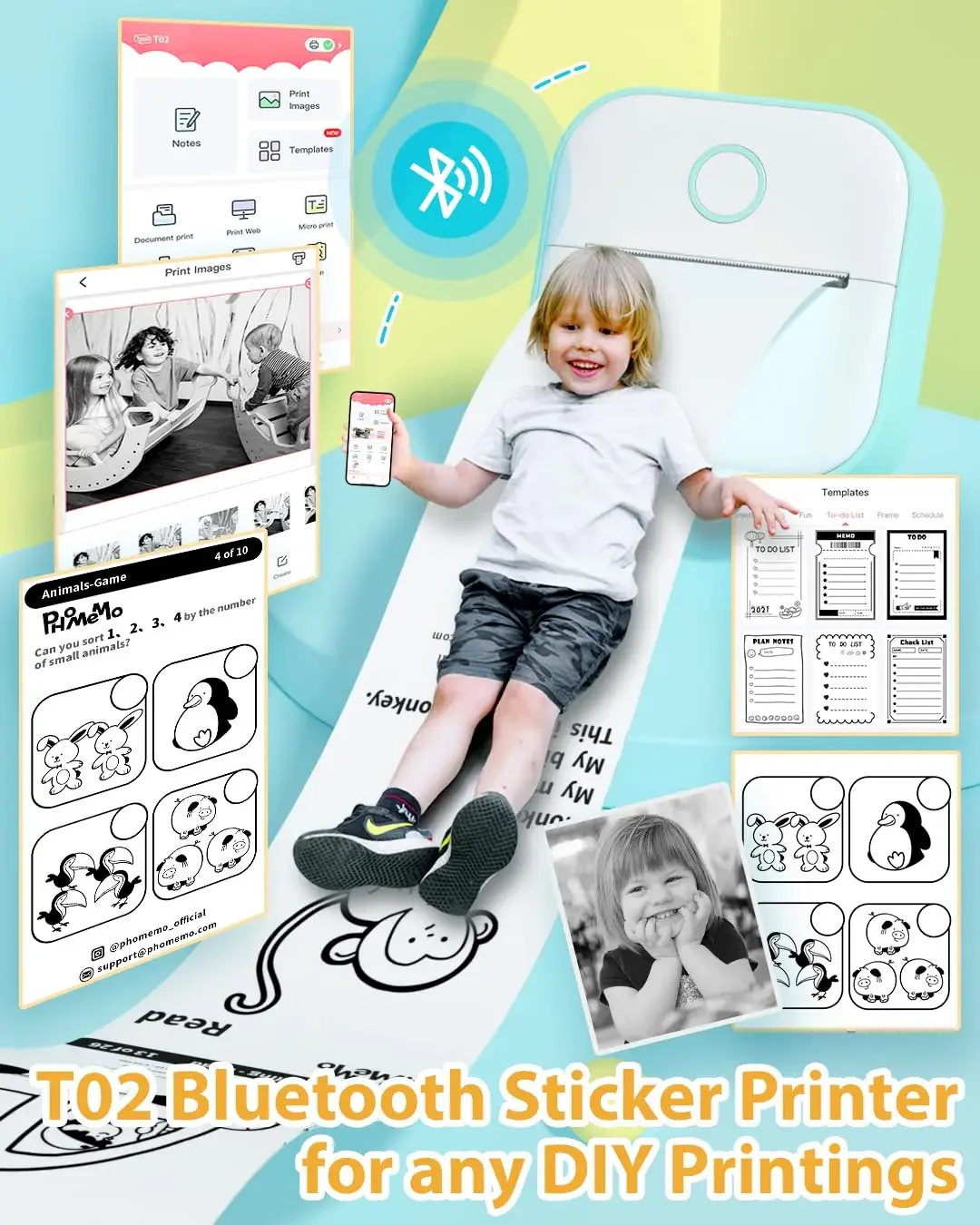 Phomemo 스티커 프린터, T02 Inkeless Maker 미니 프린터, 휴대용 블루투스 열 포켓 포토 프린터, 공부 노트 DIY용