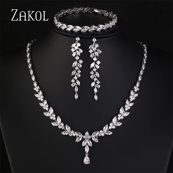 ZAKOL Luxury Cubic Zirconia Necklace Earrings Rings Set for Women Shinny Water Drop Leaf CZ Bridal Wedding Jewelry Sets 1
