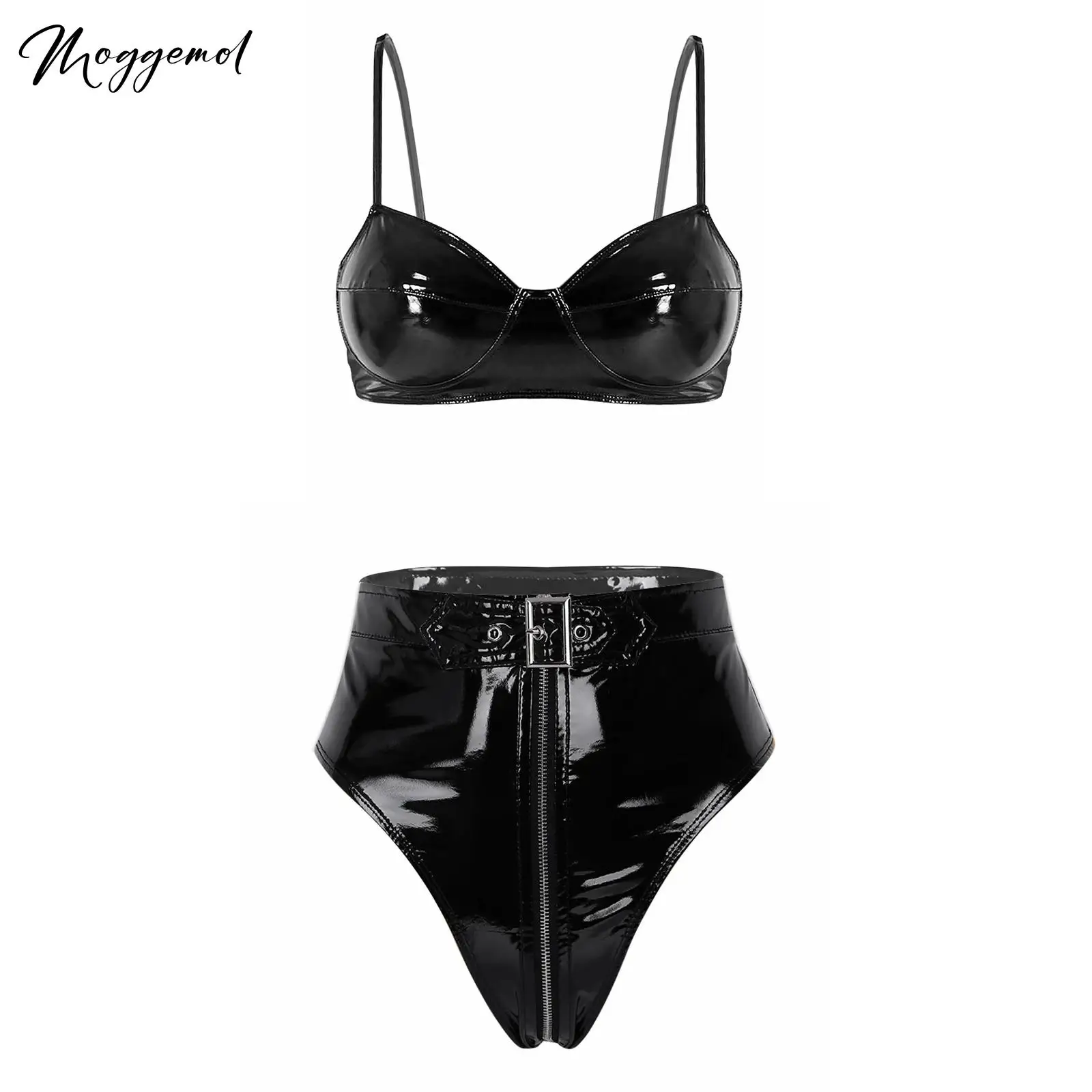 

Women's Wet Look Leather Lingerie Set Wireless Bra with Zipper Briefs Latex Outfit Sexy Rave Party Carnival Clubwear Pole Dance