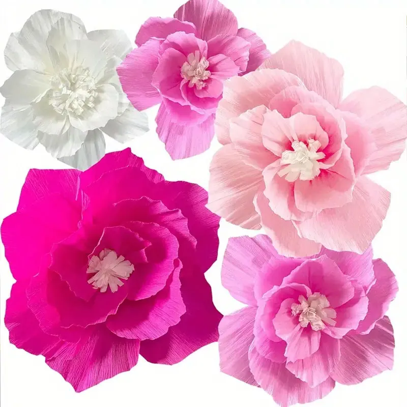 5 Stück rosa Papierblumen, künstliche Krepppapierblumen, leuchtendes Rosa, Weiß, Wanddekoration, Hochzeit, Geburtstag, Brautparty, Babyparty, Klassenzimmer, Kinderzimmer, Hintergrund, Tischdekoration.