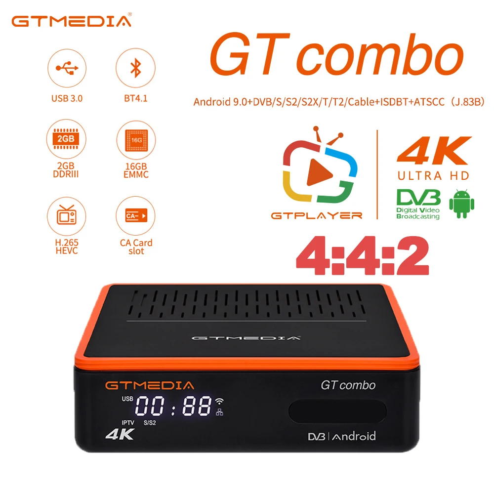 GTMEDIA GT COMBO Android 9.0 TV BOX+DVB-S/S2/S2X,DVB+T/T2/Cable/ATSC-C(J.83B)/ISDBT 4K Android BOX 4:2:2 2+16GB System is GT UI