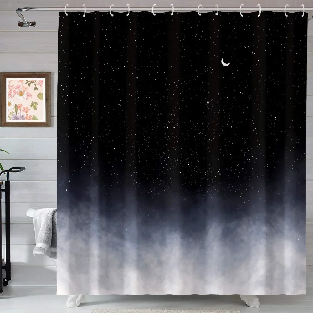 

Черная занавеска для душа с изображением звезд, новой луны, занавески для ванной комнаты с изображением ночного звездного неба, домашний декор, экран для ванны с крючком, ткань из полиэстера