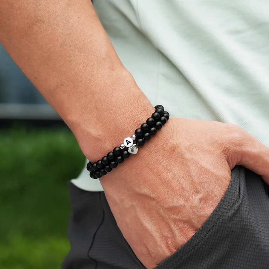Onyx Stone Beaded Couple Bracelet Heart Valentine Gift