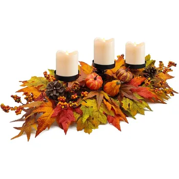 Fall Centerpiece Table Decorations, Assorted Artificial Pumpkins, Berries, Harvest Table Candle Holder (Candle Not Included)