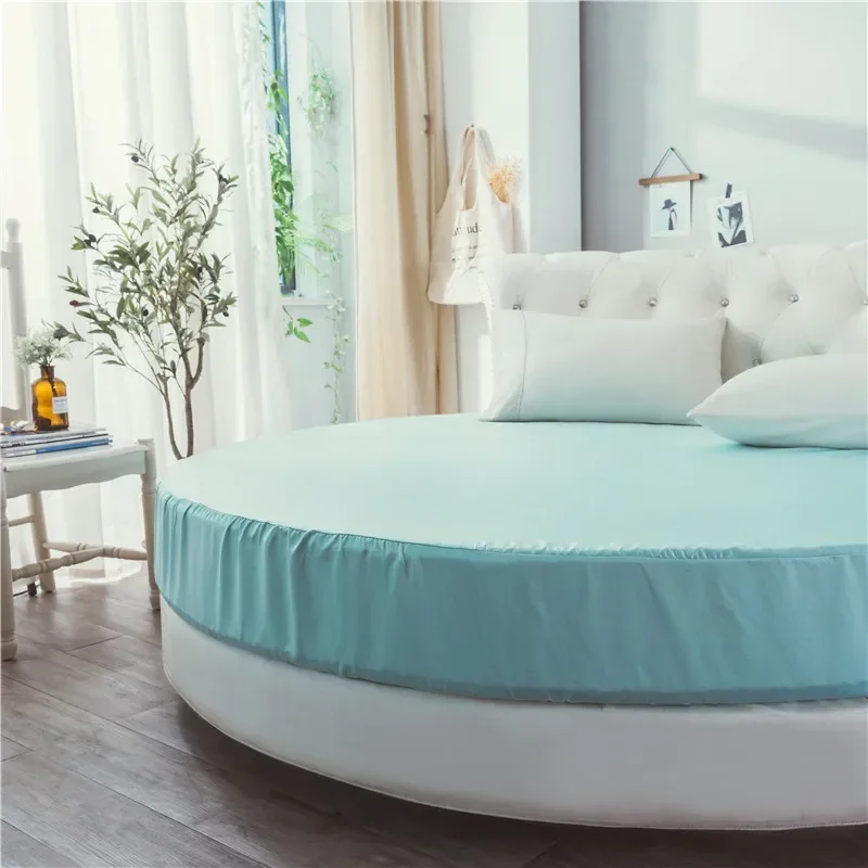 1/3PCS Cotton Fitted Sheet with Elastic Band Bed Linen for Round Mattress Cover Solid Color Queen Size Bedspread with Pillowcase 4