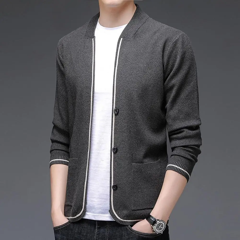 

Men Sweater Jacket Stylish Men's Knitted Cardigan Sweater Single-breasted Solid Color Long Sleeve Buttons Pockets Stand for Fall
