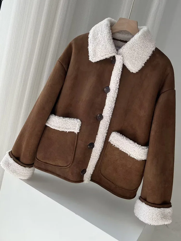 

FTLZZ New Autumn Winter Women High Street Thick Warm Motorcycle PU Coat Lady Fashion Vintage Faux Leather Lamb Fur Jacket