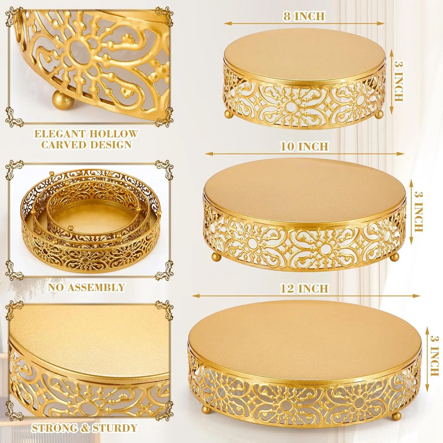 3pcs 8/10/12inch Set Golden Hollow Cake Rack Wedding Dessert Table Decoration Fruit Cake Tray Iron 5