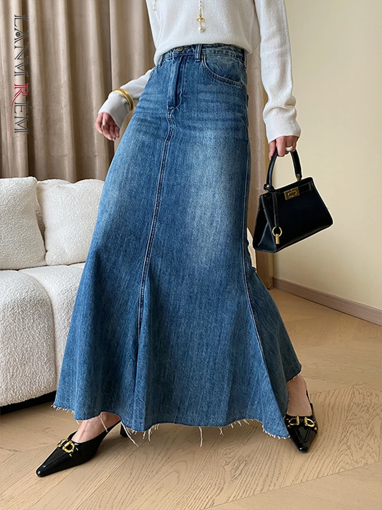 

[LANMREM] Elegant Washed High Waist Denim Skirts Women Mid-length Slim Fishtail Skirt Female Clothing 2023 Autumn New 26D5137