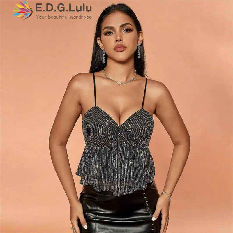 

EDGLuLu Women's Spaghetti Strap V-Neck Sleeveless Vest Shirt Backless Black Sequin Suspender Tank Top Sexy Loose Short Tops 1110