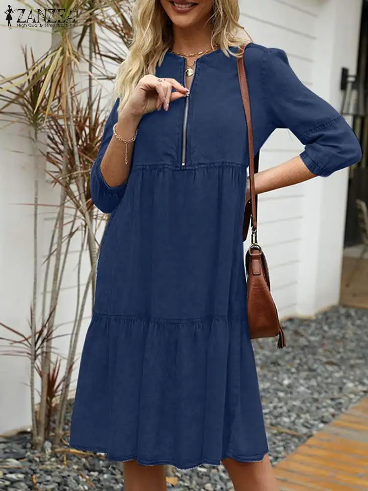 

Модное осеннее однотонное платье миди 2023, винтажное женское джинсовое платье с рукавами 3/4, Повседневное платье с оборками, женское платье, кафтан