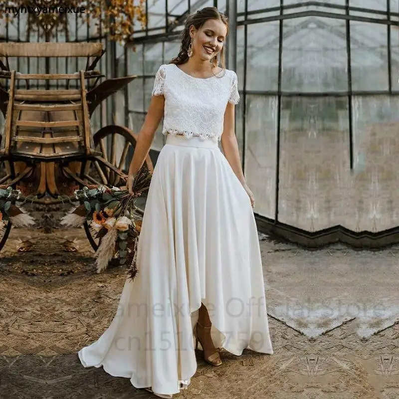 

Sexy Boho Two Pieces Wedding Dresses 2023 Lace Top Short Sleeve Plus Size Bridal Gown Jewel Neck Beach Vestidos De Novia Luxury