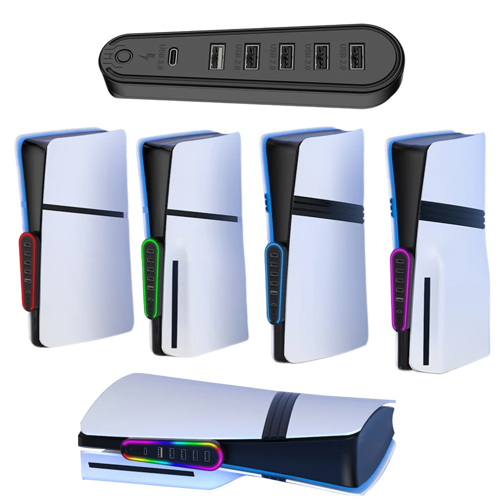 6 Ports USB Hub Charger Adapter for PlayStation 5 Pro/Slim Gaming Accessories with RGB Light USB Extender Data Transfer Extender
