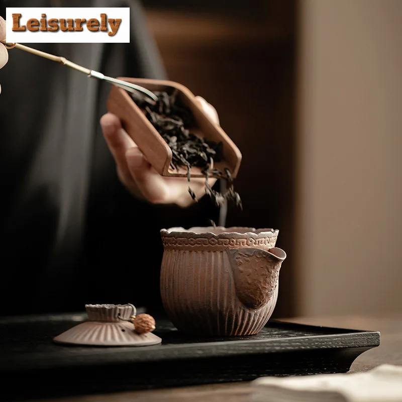 120ml Retro Old Rock Mud Teapot Japanese Coarse Pottery Striped Hand-held Pot Tea Making Kettle Tableware Accessories Ornaments