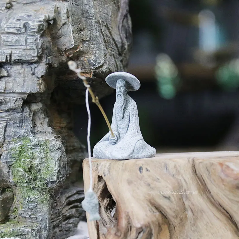 Fish tank ornaments 1pc Fish Tank Garden Sitting Fishing Sandstone Vintage Ornament Aquarium Mini Fisherman Statue Asian Zen Room Decoration