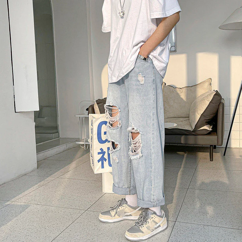 Jeans Outfit Mens Baggy Denim Jeans Light Blue Hole Jeans For Men