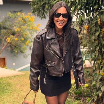 HXAO فو سترة جلدية ملابس خارجية ديمي الموسم البني اقتصاص معطف طويل الأكمام المرأة موتو السائق جاكيت زيبرا معاطف قصيرة 3