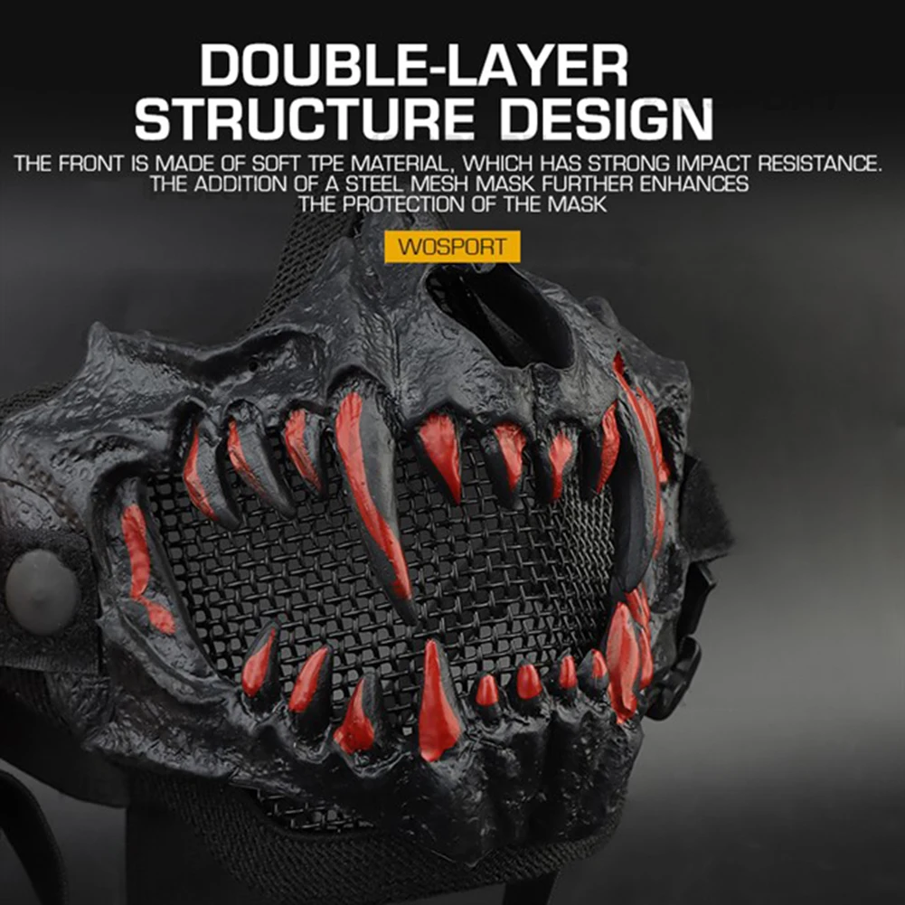 Fangs Cosplay Airsoft Mask Half Face Protective Mask Adjustable Strap Breathable Halloween Horror Party Decoration