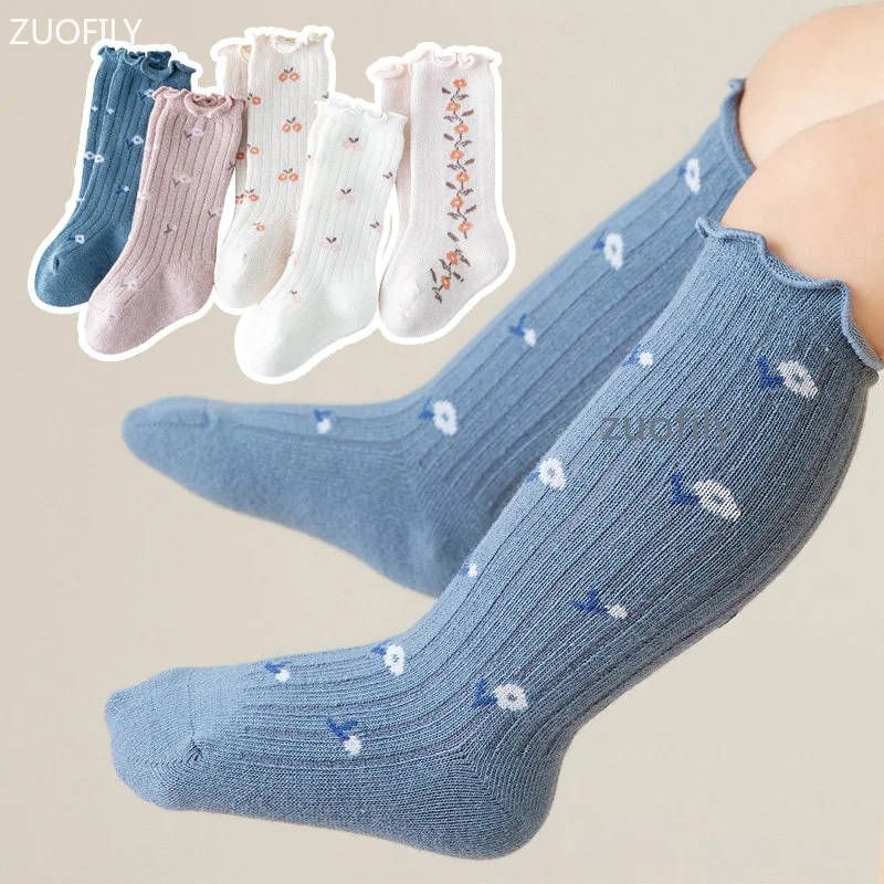 Spring Baby Ruffle Girls Socks Knee High Long Sock Kid Soft Cotton Toddler Print Socks Children Princess Autumn 0-5Yrs cotton socks kids socks baby socks girls socks
